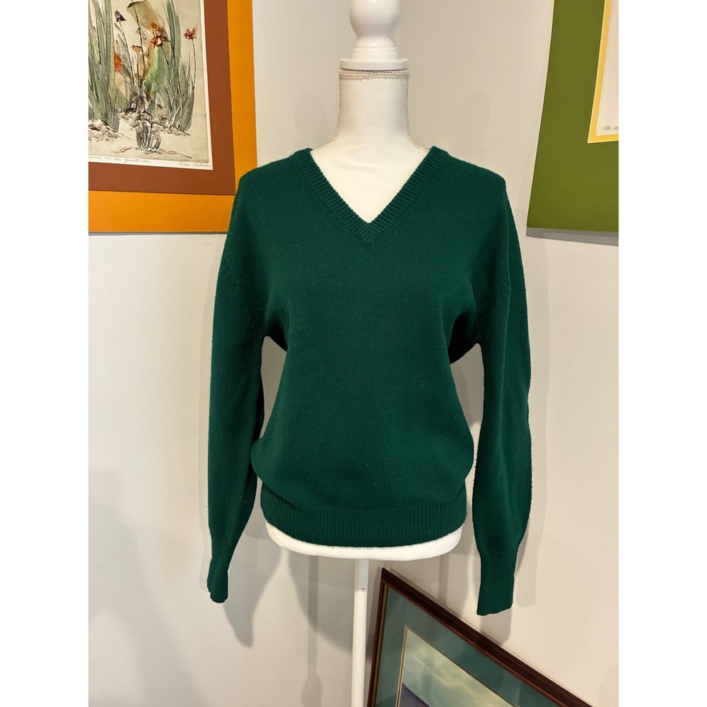 Vintage JCPenney Green V Neck Sweater Medium 80s 90s Grandpa Preppy Knit